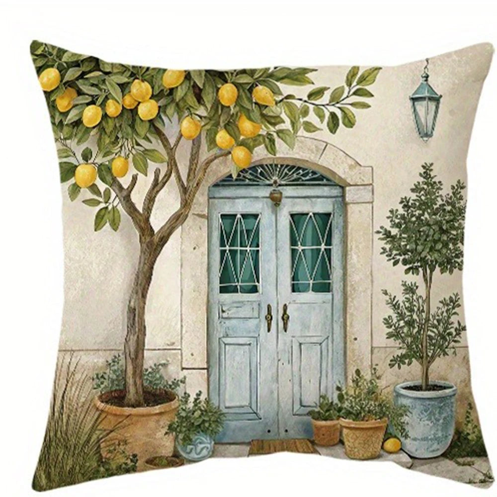 taies d'oreiller jacquard citron motif arbres fruitiers vintage coton polyester douces confortables