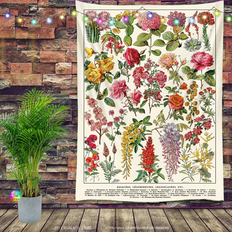 tapisserie murale botanique fleurs colorées vintage illustration plante décorative chambre salon polyester