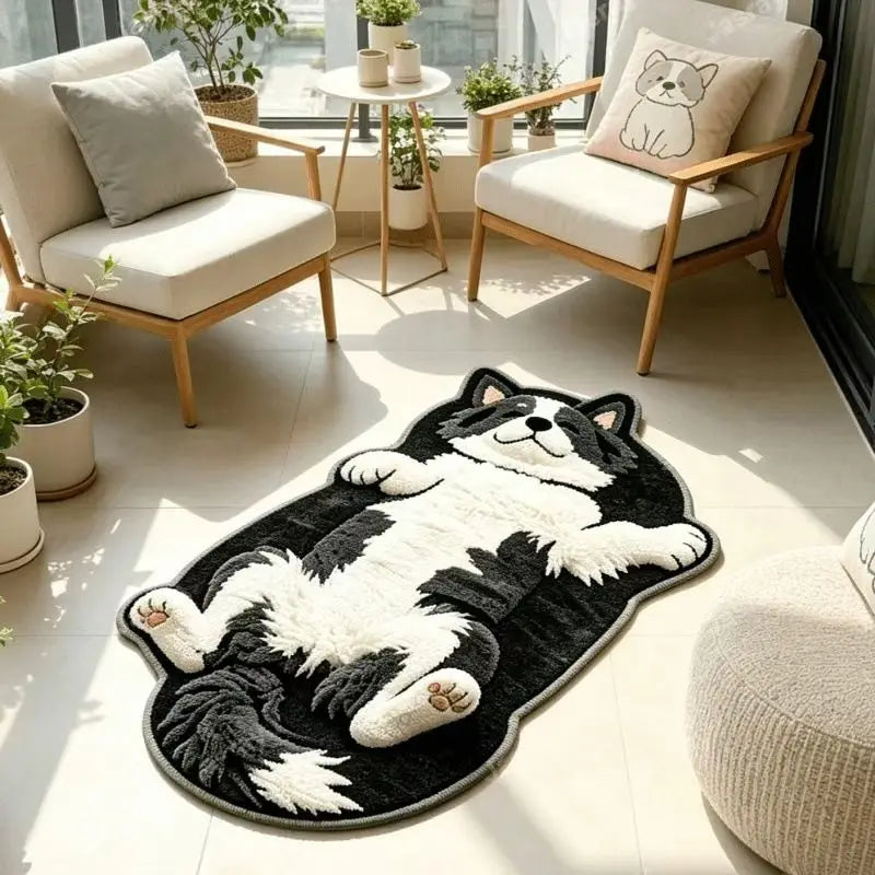 tapis sol doux motif chat allongé gris blanc moderne chambre salon entrée maison