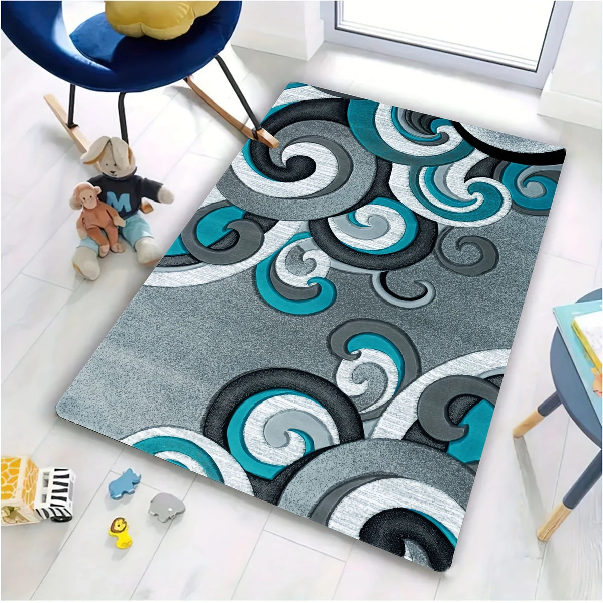 tapis moderne spirales abstraites gris bleu salon chambre prière extérieur déco salle bain