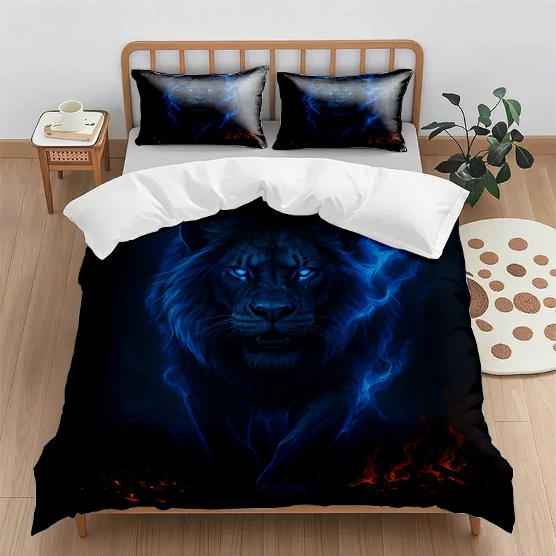 Une image promotionnelle représente un grand lion noir entouré d'éclairs bleus sur un lit avec des oreillers et une couverture assortis, le tout dans une chambre avec des accents en bois clair.