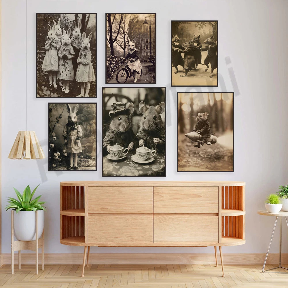 Cette collection d'images en noir et blanc met en scène des scènes fantaisistes avec des personnages animaliers, créant une ambiance magique et nostalgique.
