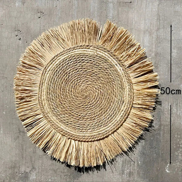 décoration murale bohème plaques raphia naturel spirale franges artisanal chambre moderne