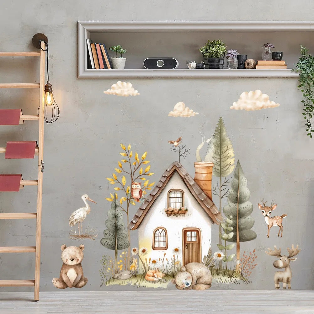 sticker mural illustration aquarelle maison animaux foret enfantine decoration nuages arbres