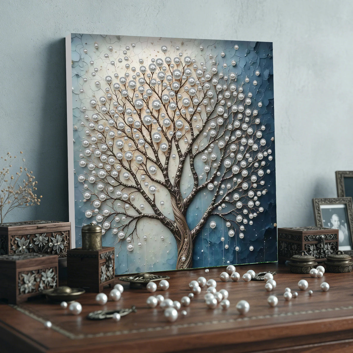 kit peinture points tableau décoratif baleine océan fleurs bleu blanc beige