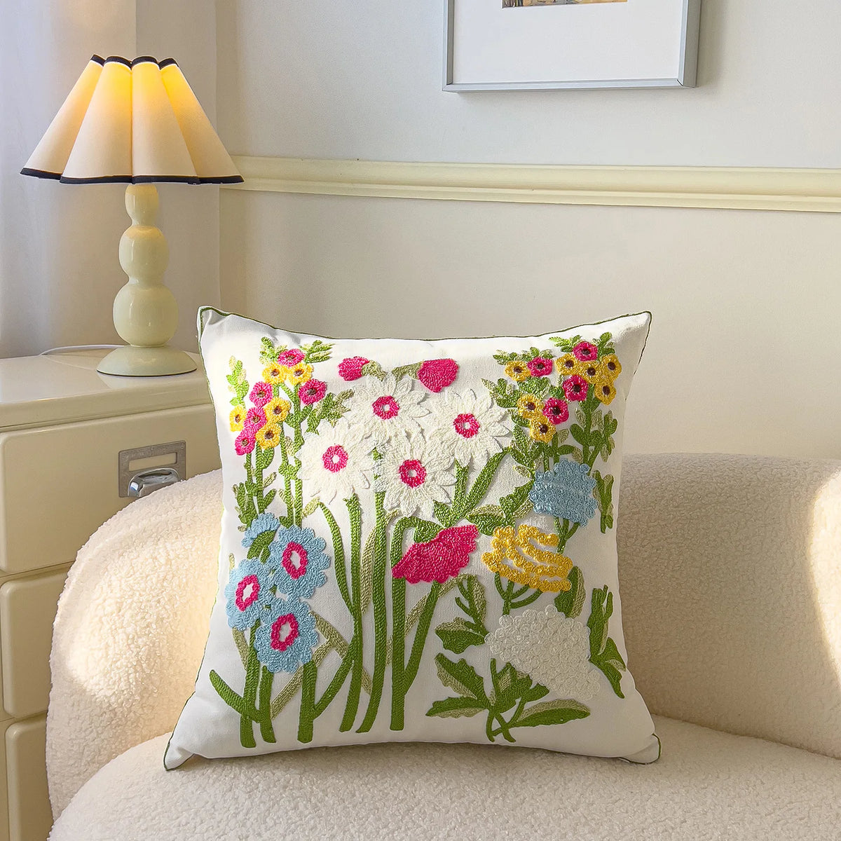 taie d'oreiller carrée fleur motif moderne polyester coton 45x45cm blanc