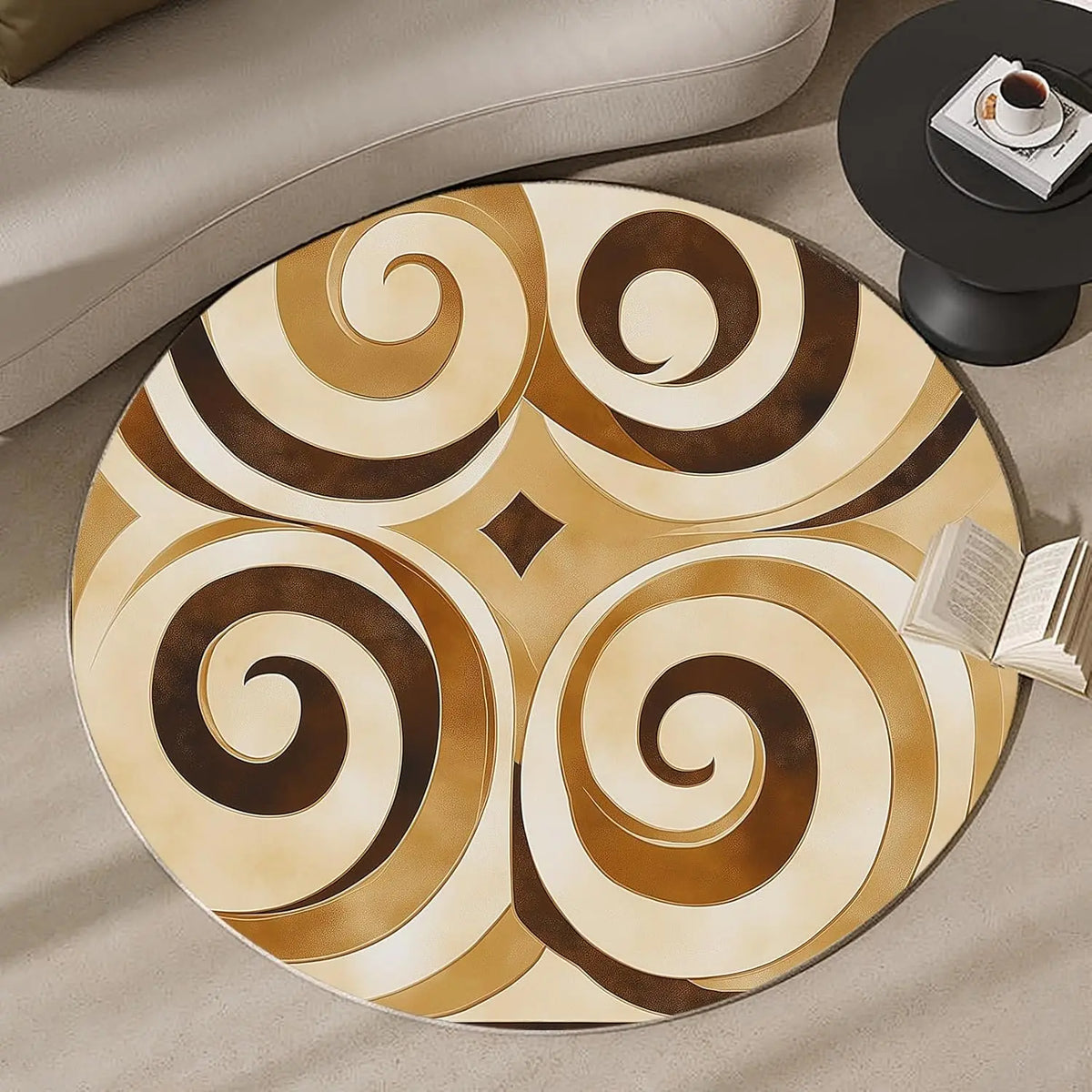 tapis rond moderne spirales concentriques marron beige geometrique anti drapant 80cm 120cm chambre salon