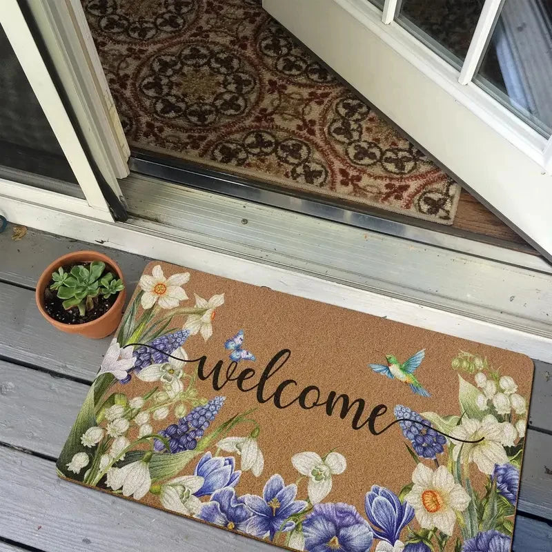 tapis d'entrée marron clair fleurs colorées résistant rides extérieur salon 50x80cm 40x60cm 30x50cm naturel