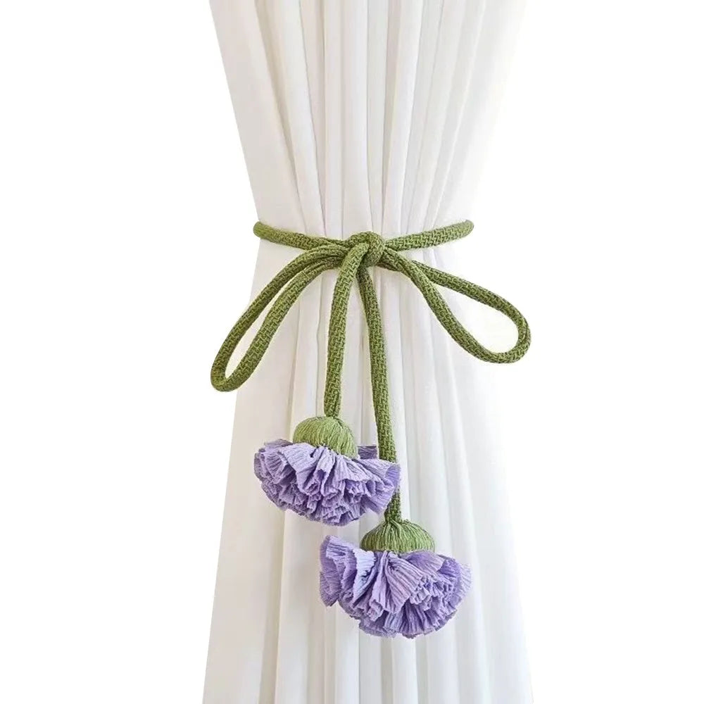 accessoires rideaux bohèmes attaches fleurs tissu coton couleurs vert jaune orange violet