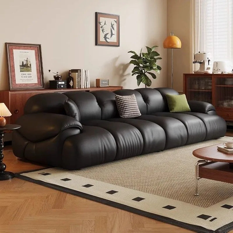 Canapé moderne simili cuir noir profond 70cm coussins