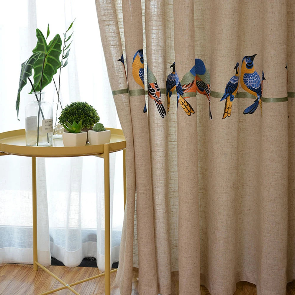 rideau tulle oiseaux brodés moderne chambre blanc beige translucent