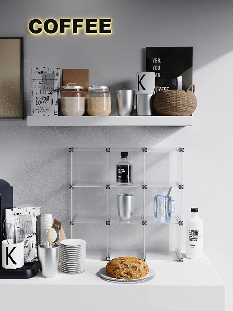 organisateur rangement modulaire transparent bleu clips métalliques compartiments tasses bouteilles bol assiette gâteau tablette