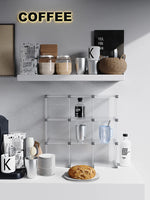 organisateur rangement modulaire transparent bleu clips métalliques compartiments tasses bouteilles bol assiette gâteau tablette