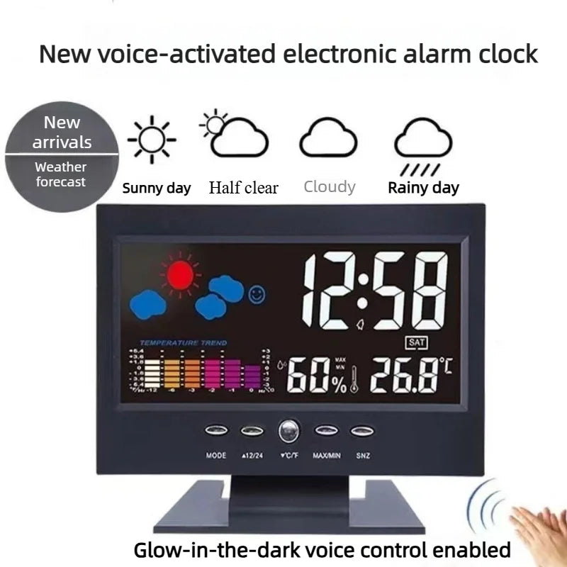 réveil multifonction horloge numérique affichage lcd météo calendrier thermomètre hygromètre moderne noir cable usb