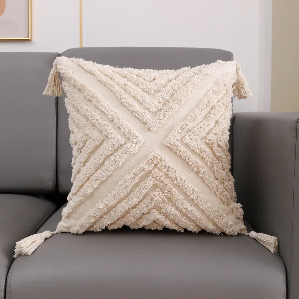 coussin carré géométrique blanc boho chic franges opaques décoration maison voiture