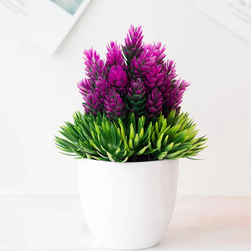 plantes artificielles bonsaï rouge vert rose fleurs simples feuilles fines pot gravier décoration extérieur