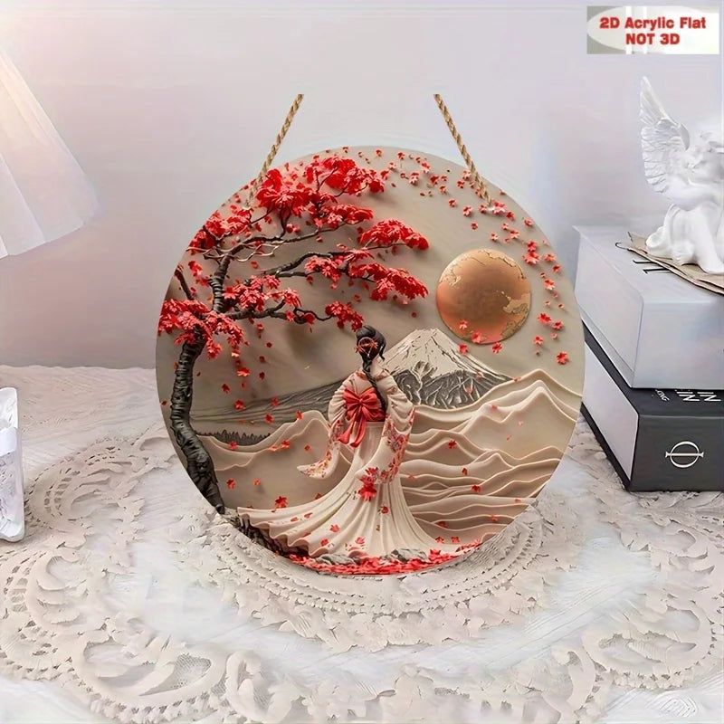 tableau mural japonais femme kimono fleurs rouge contemporain opaque cordelette 20cm 24cm 28cm 32cm
