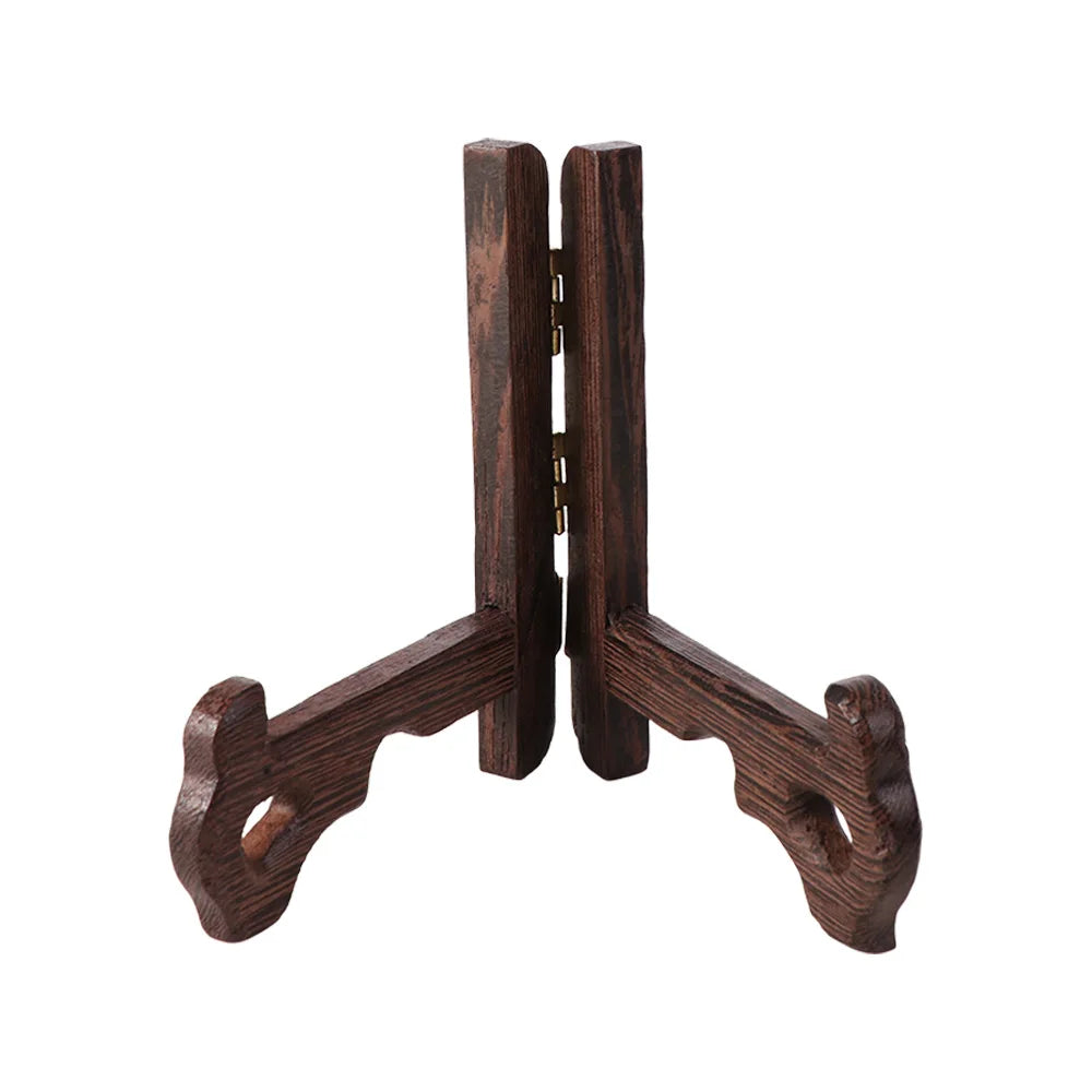 support assiettes bois marron texture naturelle classique visibles métalliques pliable utilisation multiple