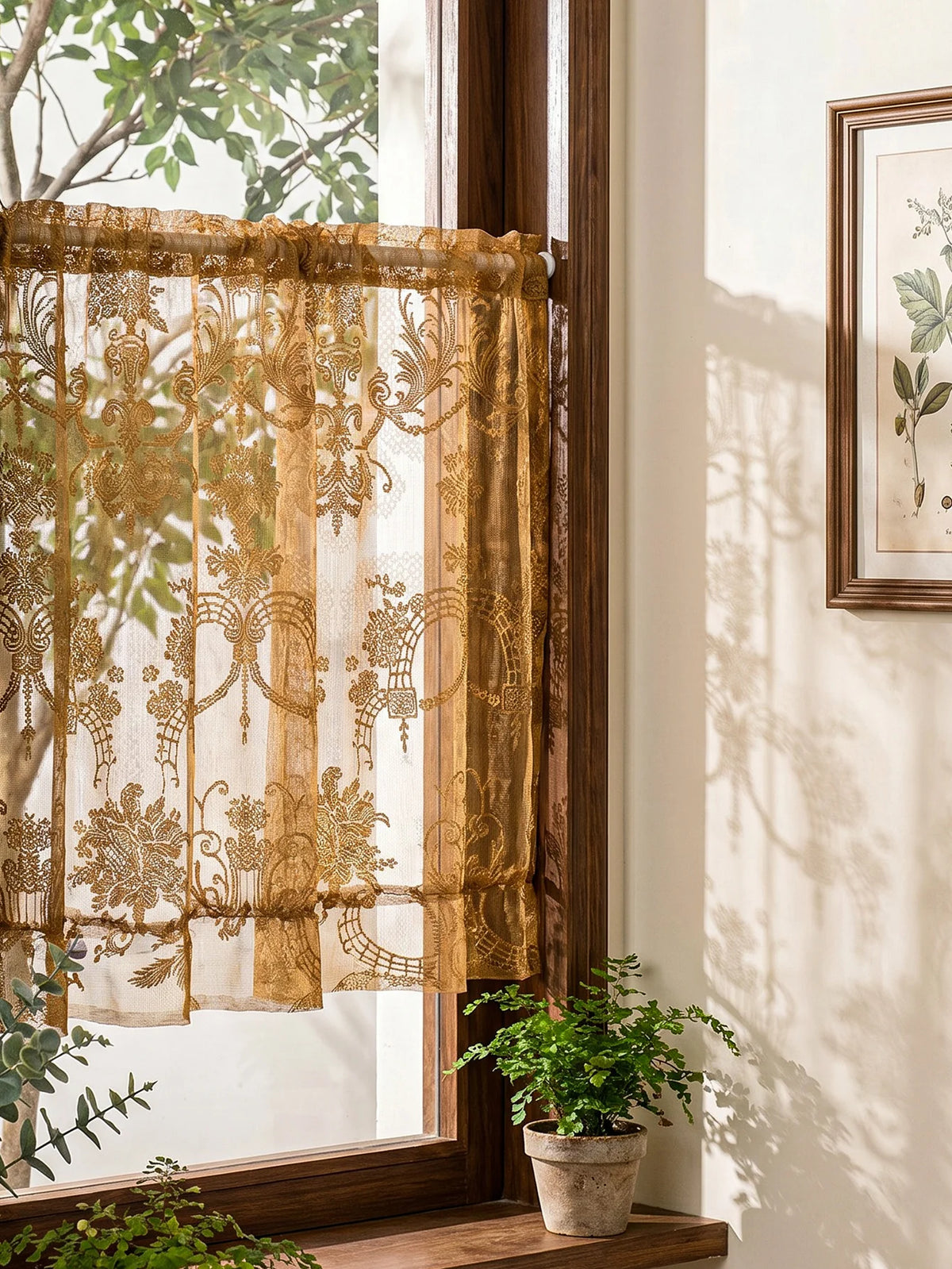 rideau semi transparent brodé floral or beige classique cuisine salle bain polyester