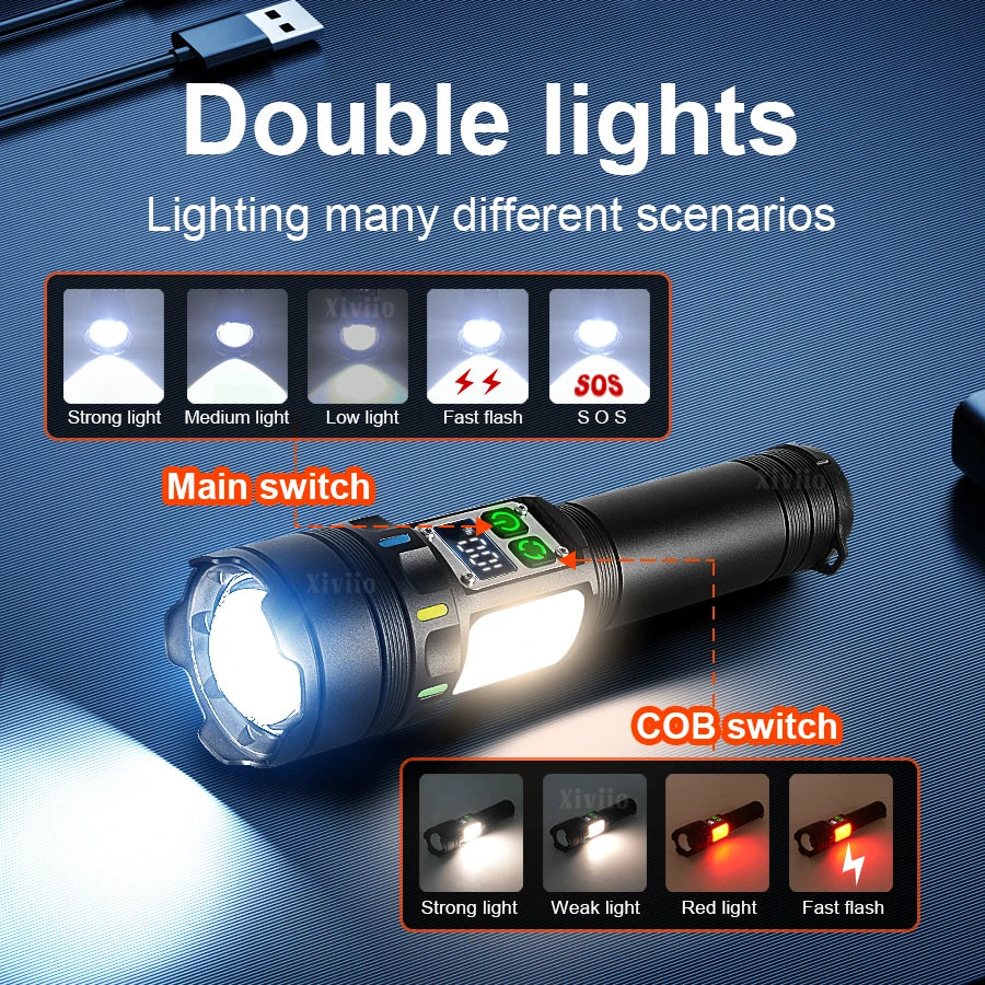 torche rechargeable puissante laser anti choc multifonction camping extérieure led affichage numérique