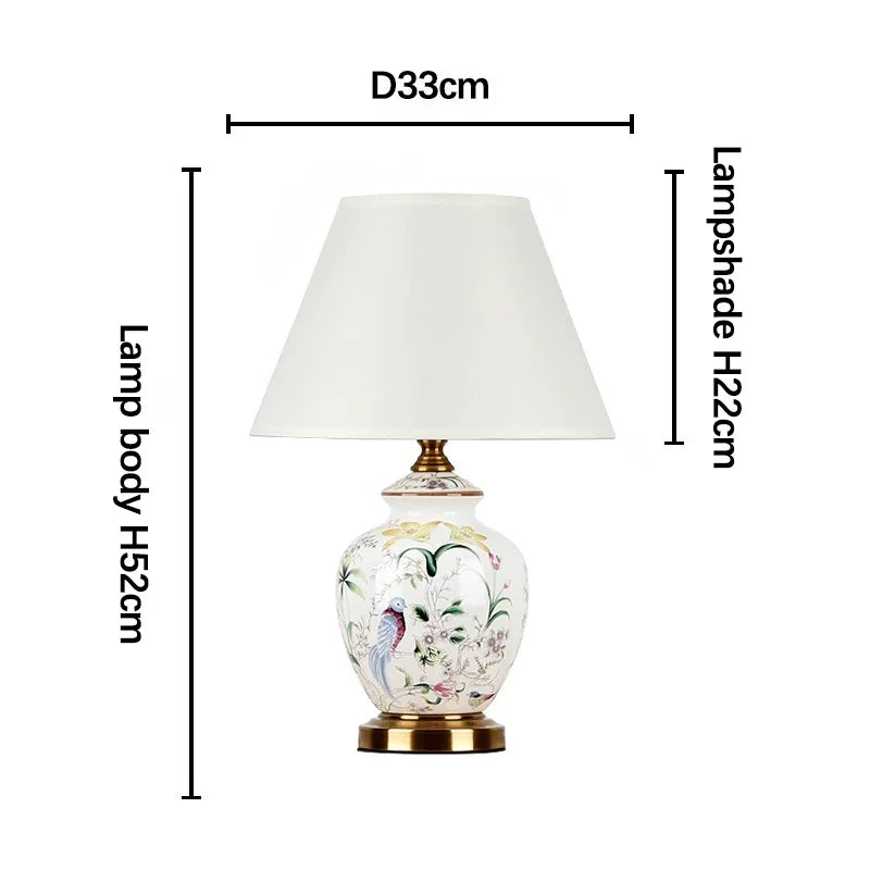 lampe table moderne abat jour fleurs oiseaux classique blanc doré vintage