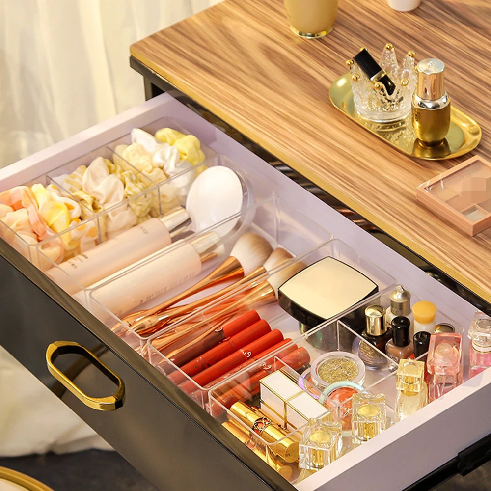 boîte rangement transparente moderne maquillage compartiments poudre compacte vernis rouge lèvres palette blush crème