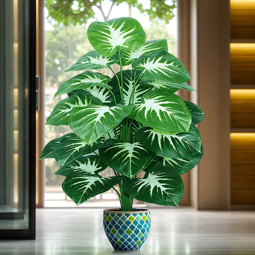 plante artificielle extérieure arbore sol feuilles vertes motifs veinés pot décoré anniversaire décoration tropicale