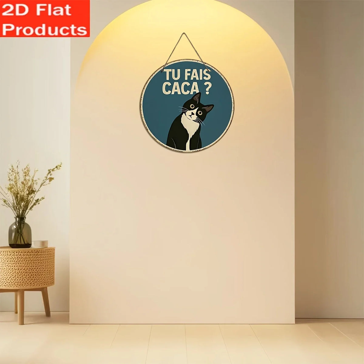 plaque decorative circulaire vintage humouristique chat noir blanc tu fais caca bleu foncé beige