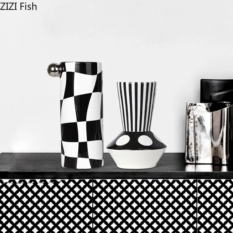 vase céramique noir blanc moderne rayures checkerboard décoration table arrangement fleurs