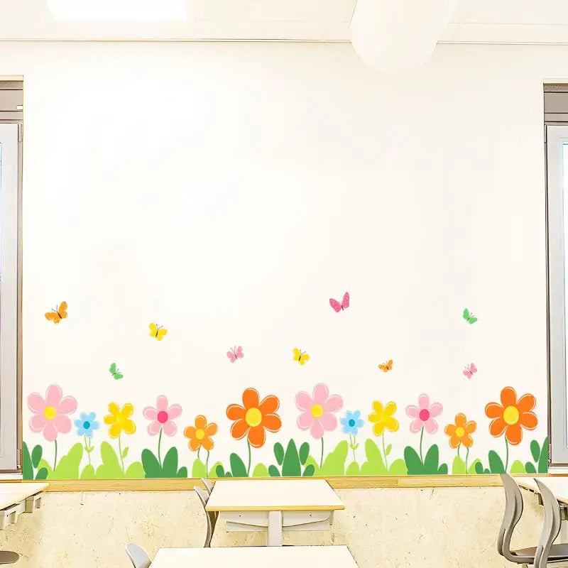 sticker mural fleurs multicolores papillons adhésif décoration enfantine chambre maison