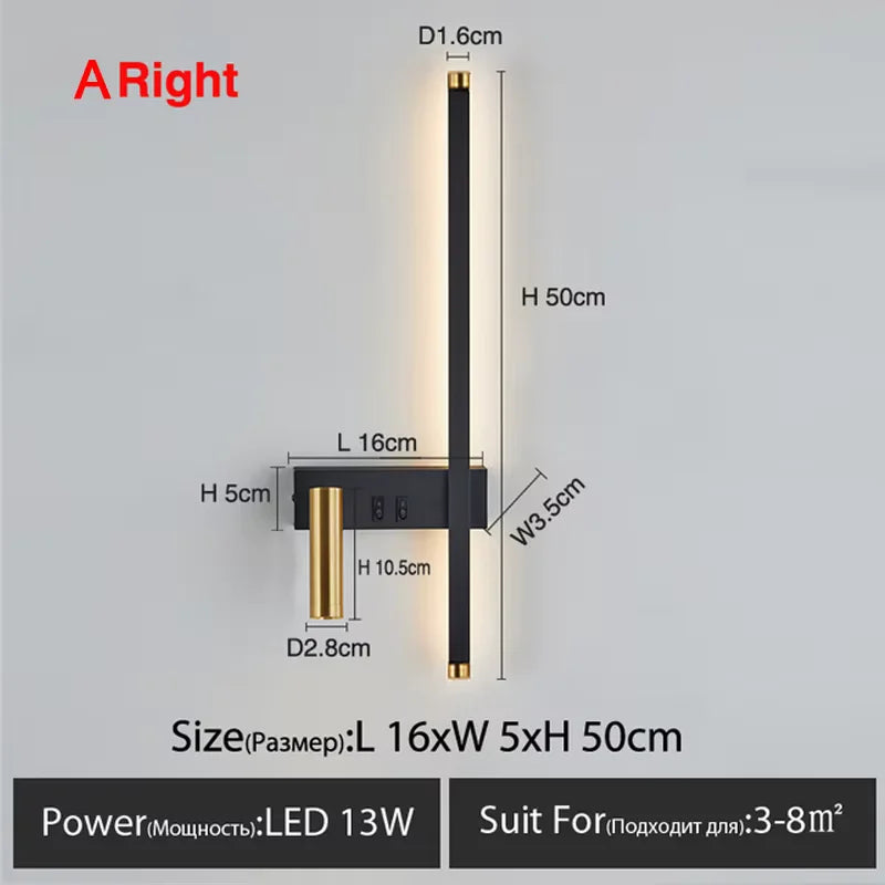 lampe murale moderne minimaliste noir interrupteur bouton chambre entrée étude fixée mur LED
