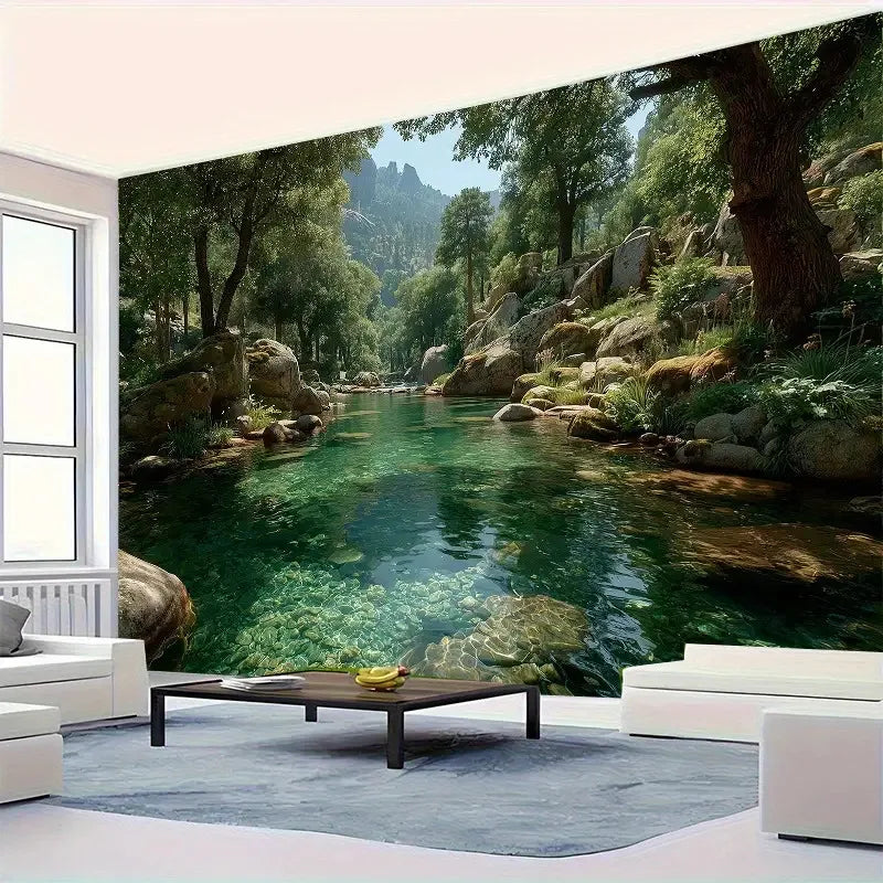 papier peint mural vert bleu arbres rivière naturelle salon chambre clips suspension