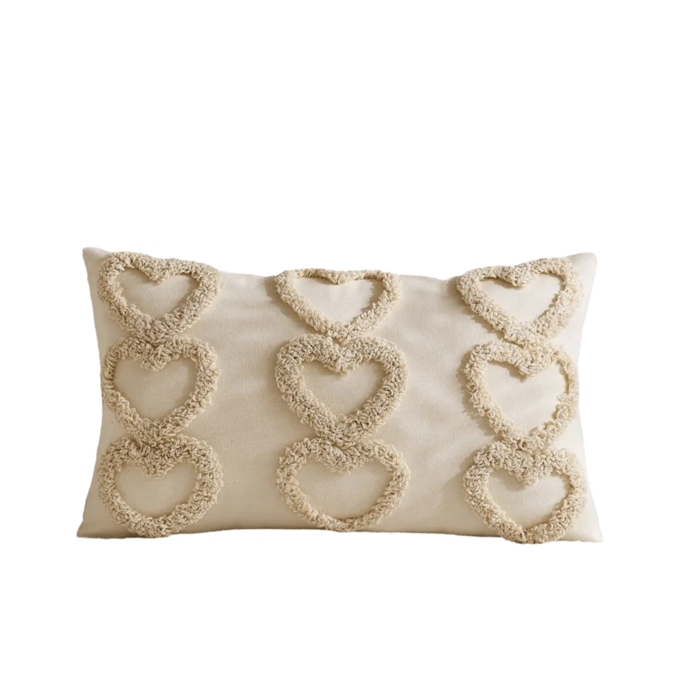 taies d'oreiller coeurs relief blancs lit polyester coton brodés opaques décoration romantique fixations coussins