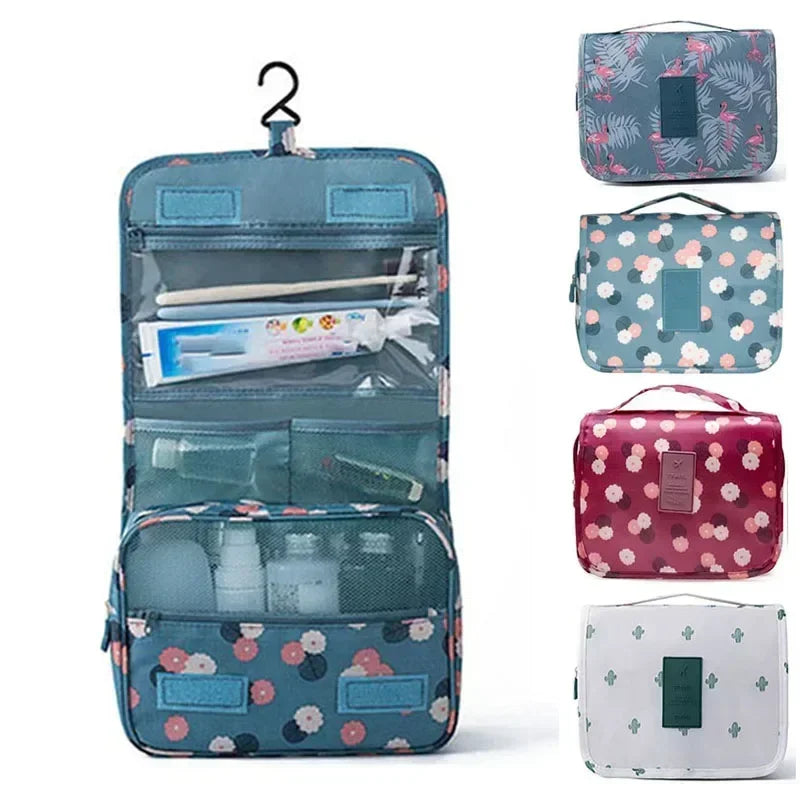 Sac toilette pliable oxford imprimé floral bleu clair motifs blancs roses bleus moderne pratique