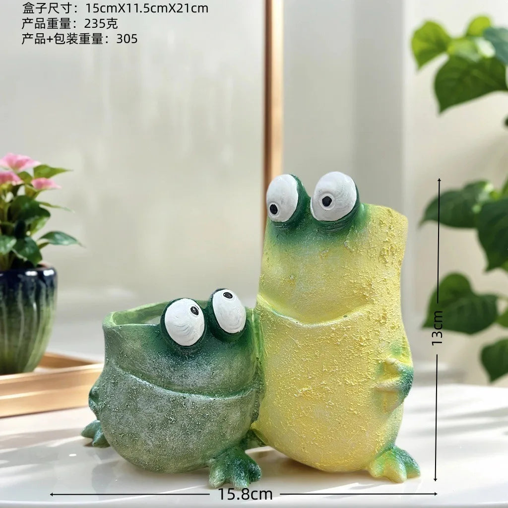 pots fleurs résine grenouille dessin animé vert jaune texture rugueuse plantes succulentes décoration jardin