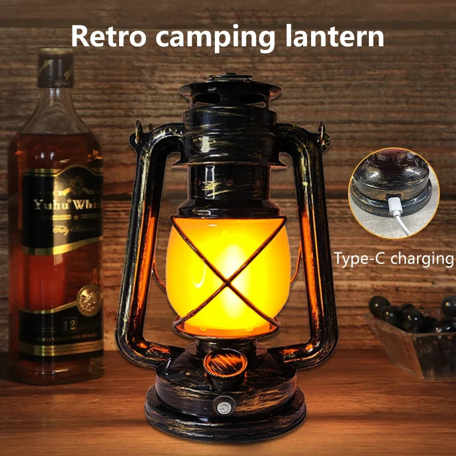 lanterne rétro rechargeable suspension camping bronze vieilli verre translucide éclairage décoratif modes lumière camping