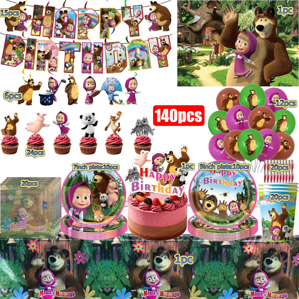 ensemble vaisselle jetable masha ours assiettes gobelets serviettes anniversaire enfant cartoon
