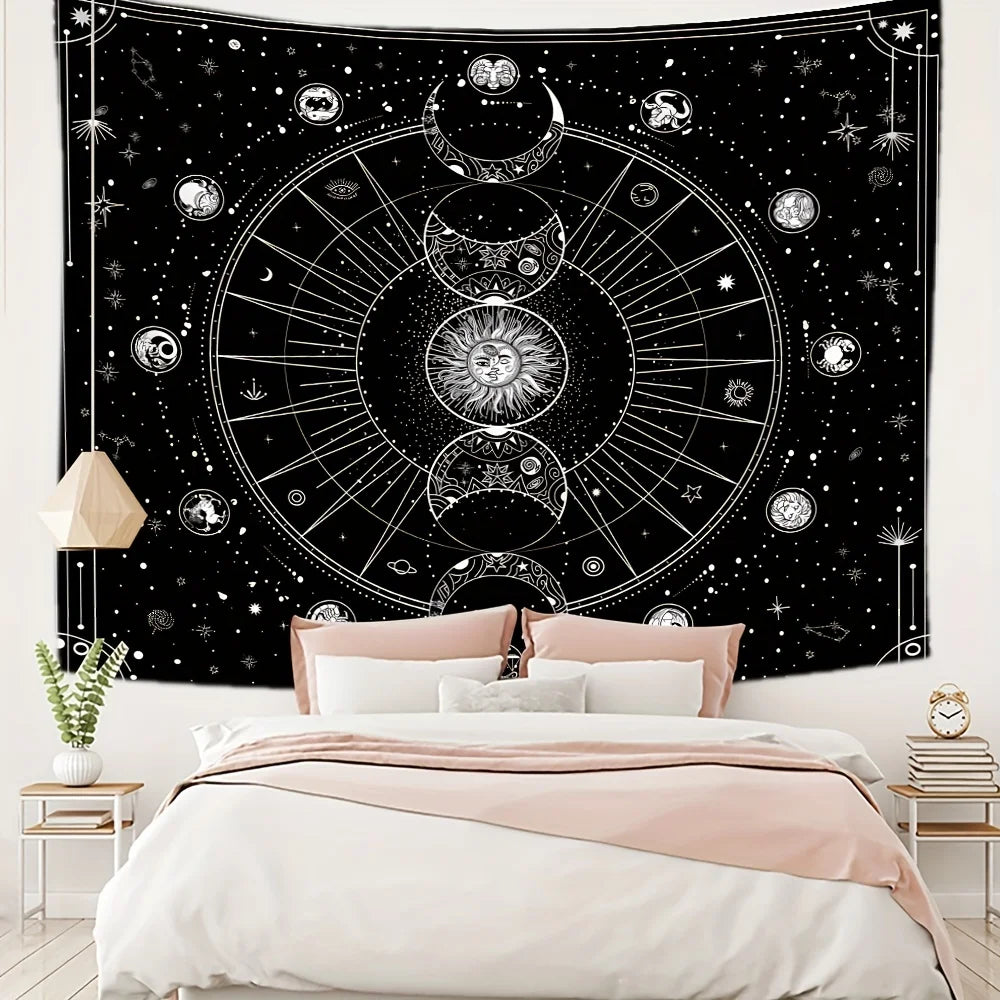 tapisserie murale imprimée phases lunaires étoiles géométrique noir blanc clips métalliques décoration maison
