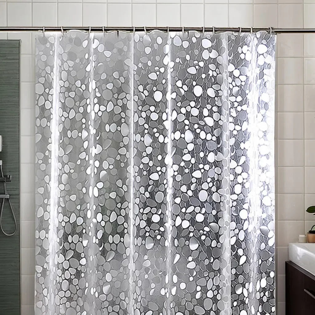 rideau douche moderne gris blanc translucide PVC ronds anneaux métalliques 180cm