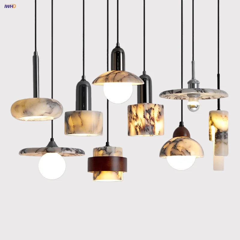 suspension lumineuse globe marbre moderne ampoule support bois salon chambre restaurant