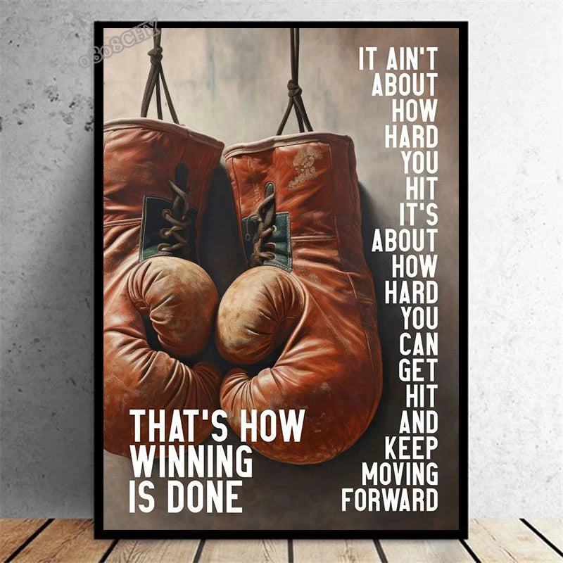 affiche vintage gants boxeur citation inspirante toile huile sans cadre décoration murale sport motivation