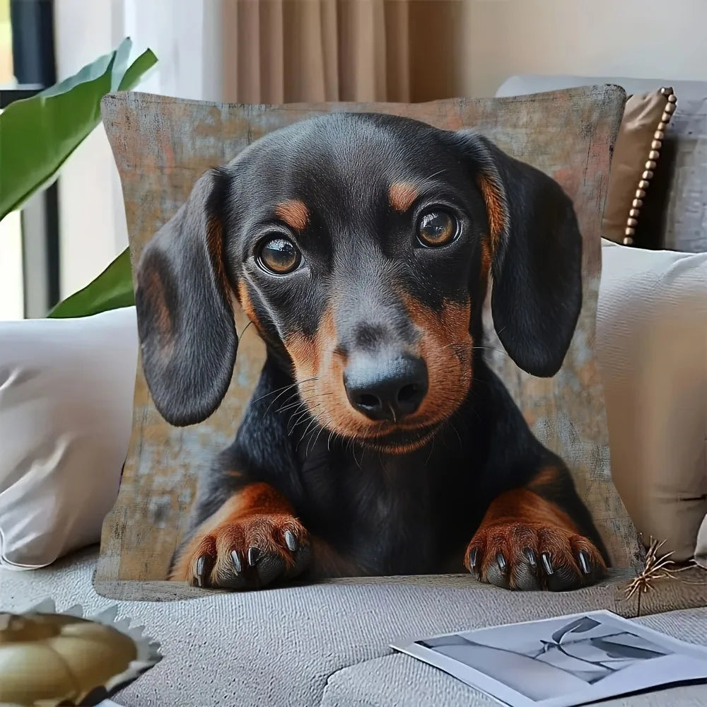 housse coussin carré dachshund imprimé polyester fermeture éclair noir marron beigeintérieur blanc deco intérieure