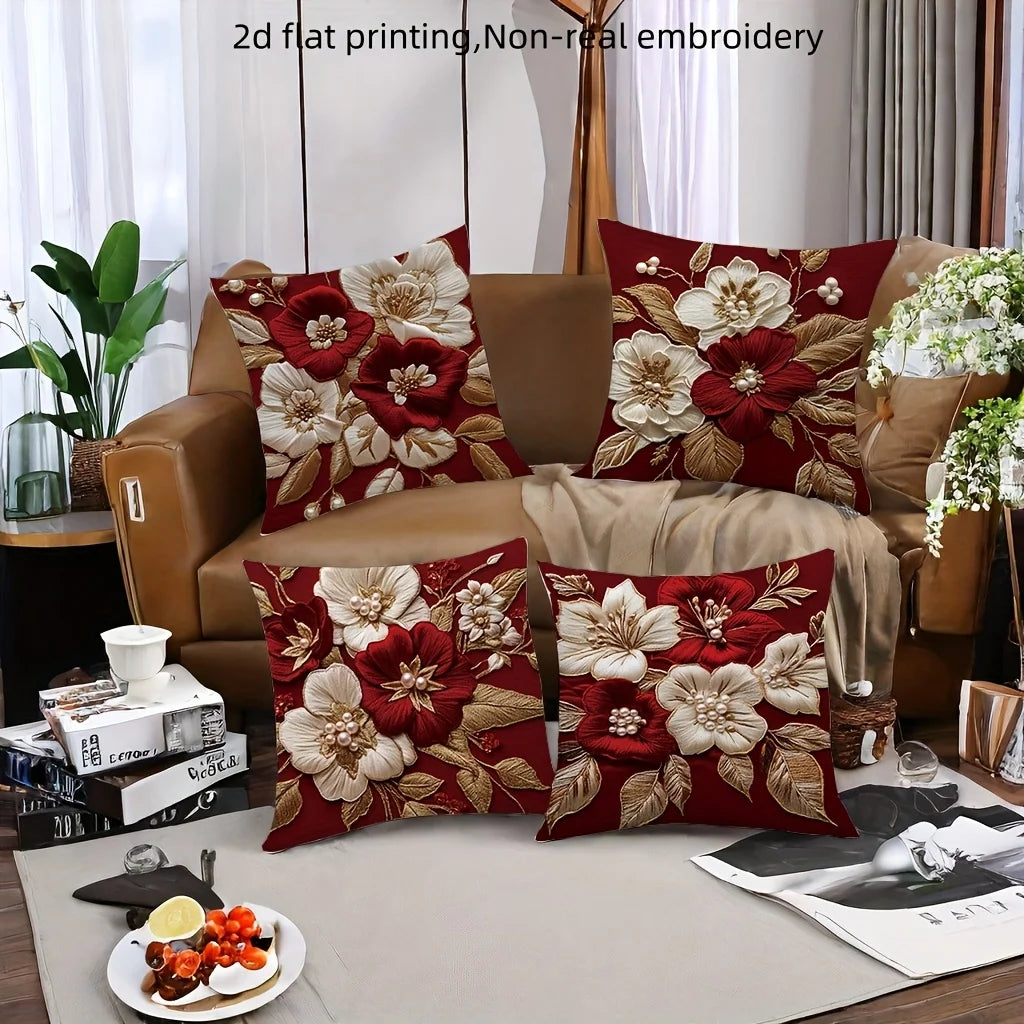 taies d'oreiller décoratives motif floral rouge bordeaux coussins carrés polyester 45x45cm décoration maison hospitalière