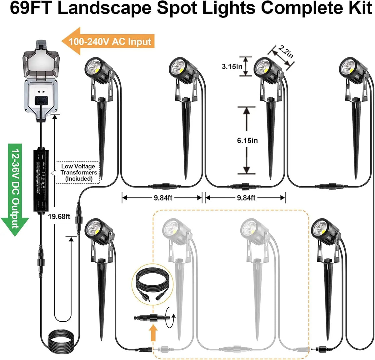 spots lumineux paysage ip65 moderne 12v led pack noir étanche transformer