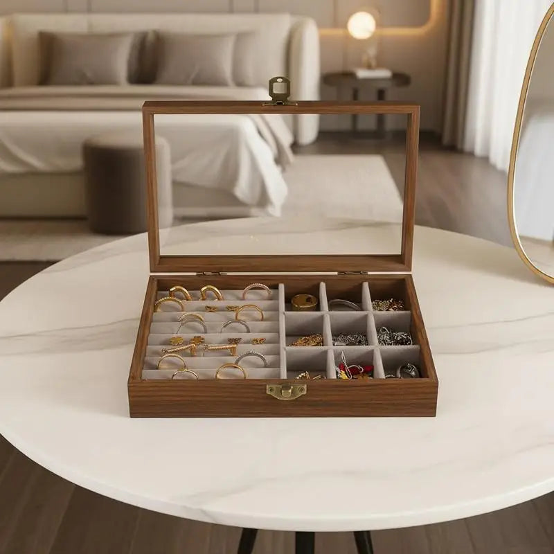 boîte bijoux bois marron verre transparent velours gris classique moderne cadenas doré rangement sécurité
