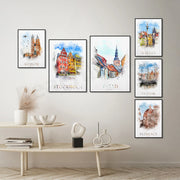 affiche aquarelle monuments urbains europe contemporaine tableaux encadrés couleurs vives voyage decoration mur interieur