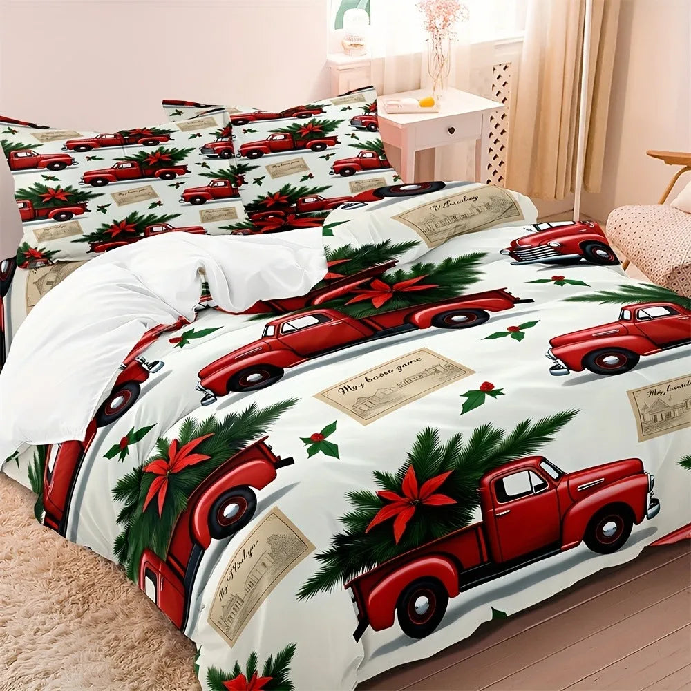 ensemble literie impression 3d camions noel blanc rouge vert oreillers taies doreiller drap plat