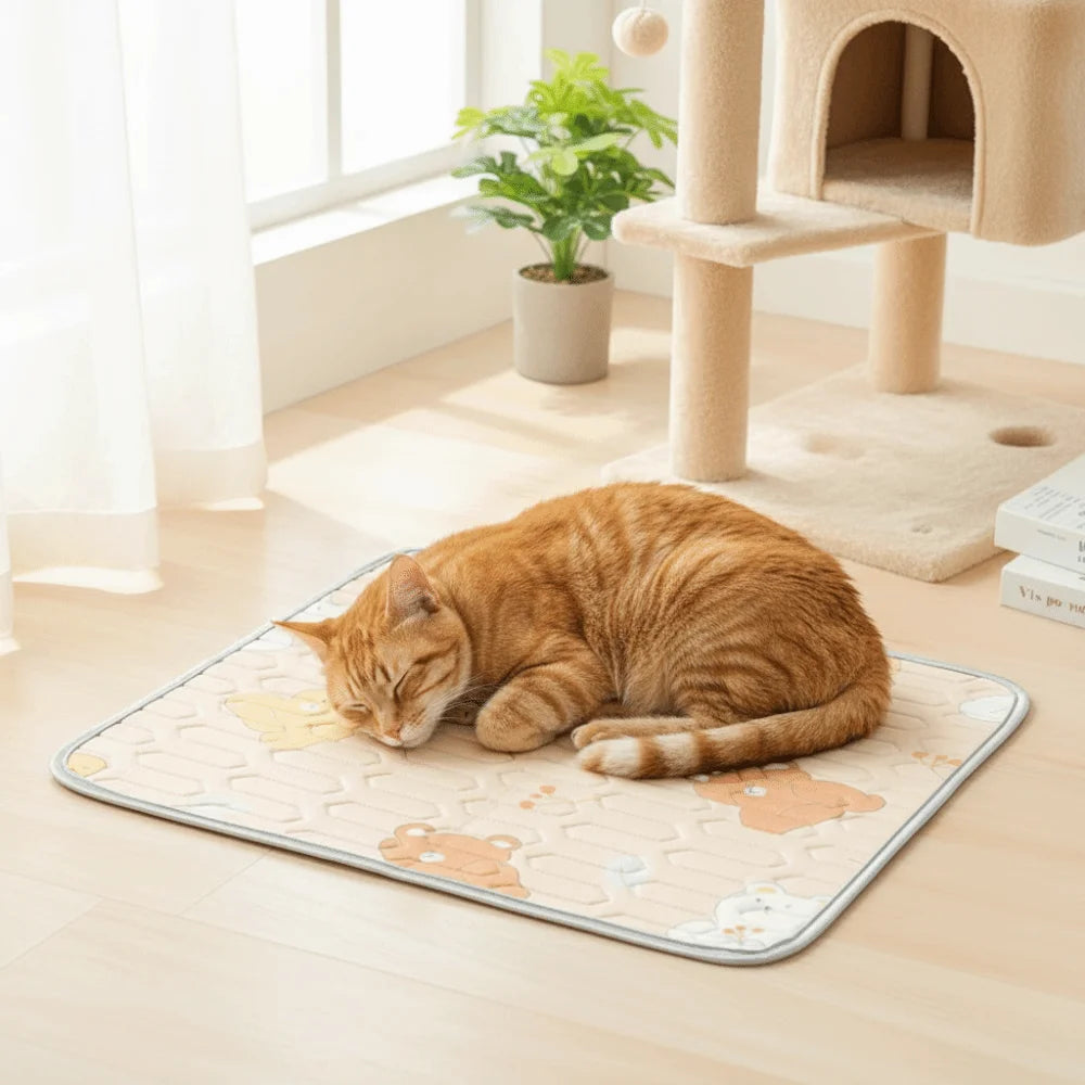 tapis rafraîchissant lavable confortable animaux compagnie bleu clair beige vert clair orange coeurs motifs