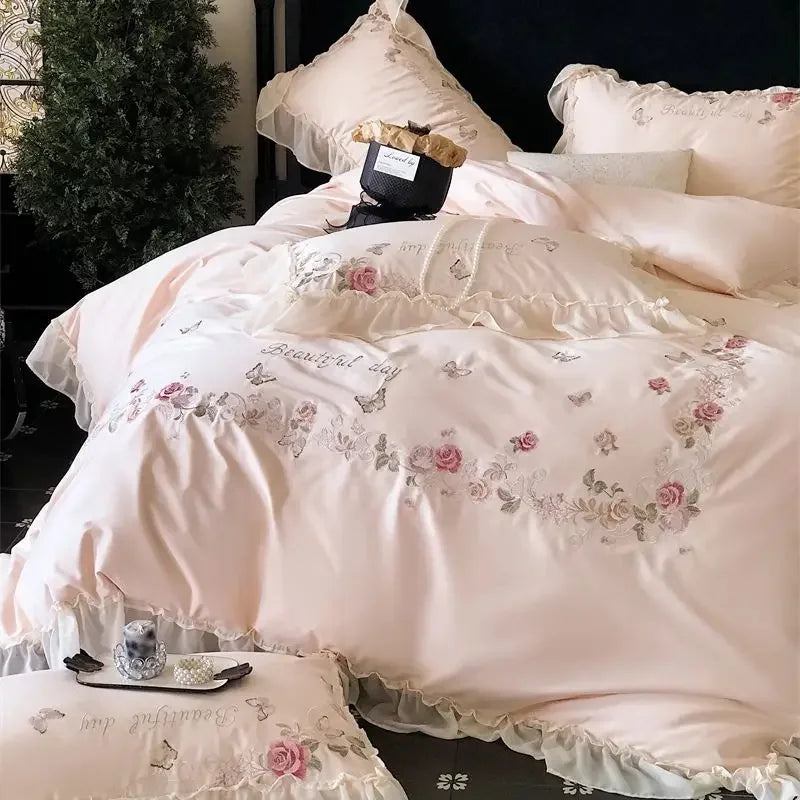 ensemble literie rose clair broderie fleurs papillons queen size coton égyptien 1000tc doux respirant