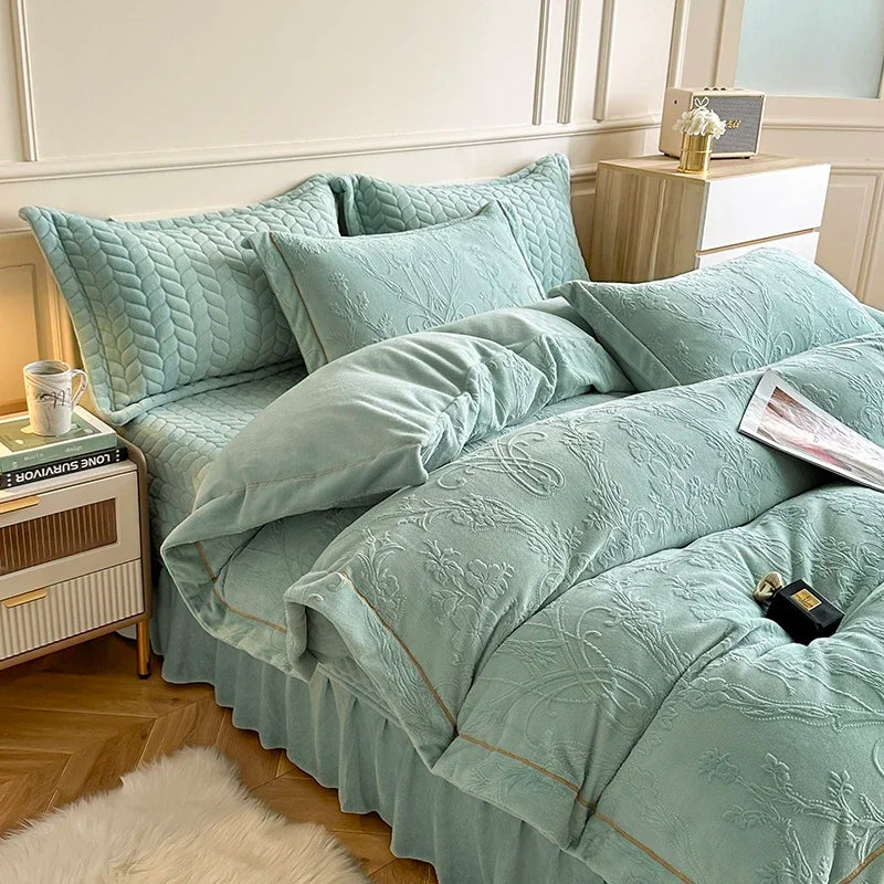 ensemble literie quatre pièces motif floral beige gris bleu clair vert pastel classique polyester